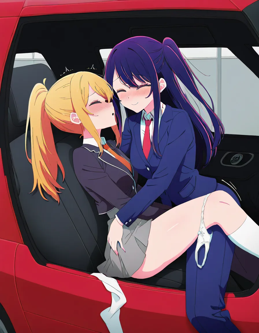 hoshino ai (oshi no ko) 2girls multiple_girls underwear blonde_hair clothing red_necktie female futa_with_female futanari white_panties necktie long_hair ponytail bangs panties_around_one_leg socks implied_futanari skirt jacket blush sex black_hair blazer eyes_closed pants pantsu car_interior open_mouth clothed_sex sweat shirt blunt_bangs tied_hair legs_up school_uniform black_jacket suit clothes_pull formal white_underwear long_sleeves yuri lying neckwear pants_pull white_shirt clothes_lift red_neckwear 1girl original panty_pull collared_shirt underwear_pull black_skirt on_back skirt_lift legwear, hentai_studio_quality