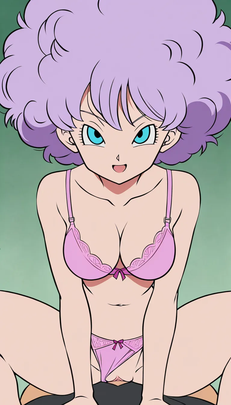 purple hair, light blue eyes afro hair girl wearing pink lingerie spreading legs  and having vaginal sex, classic dragon ball style,