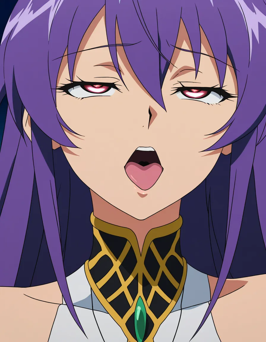 best quality, intricate details, 1other, bare shoulders, purple hair, jewelry, ahegao, seductive look, soft anime shading, (anime style:1.3), 2d, anime screencap, cel shading, flat color