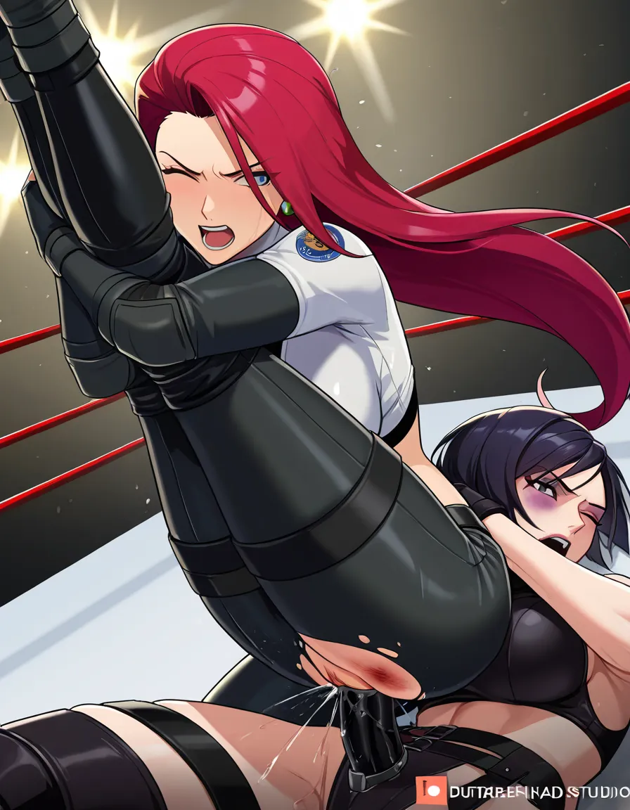 2girls , Best_quality, ultra_detailed, @jessie_(pokemon)-red_hair , ada_wong_(resident_evil) , yuri sex ,wrestling_ring wrestling defeated, pussy_juice squirting orgasm , strap-on vaginal,, bruised wince, torn_clothes, submission, headlock, from_side,,,, hentai_studio_quality, hentai_studio_quality, hentai_studio_quality