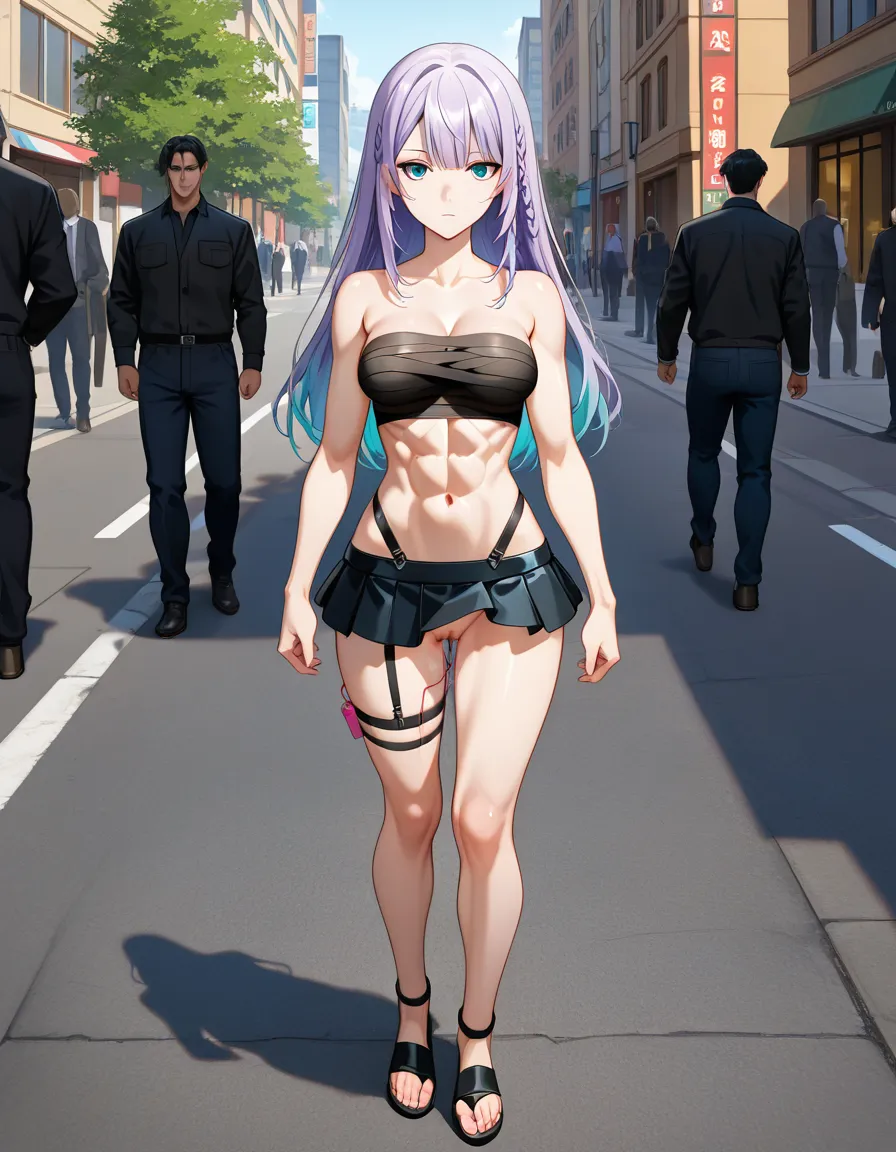 highres, vivid, explicit anime render, nude, athletic_body, abs, garter_straps, vibrator, expressionless, public_indecency, outdoors, street, humiliation, lavender_hair, turquoise_eyes, sandals, hentai_studio_quality, black_microskirt, black_sarashi, no_panties, hentai_studio_quality, hentai_studio_quality