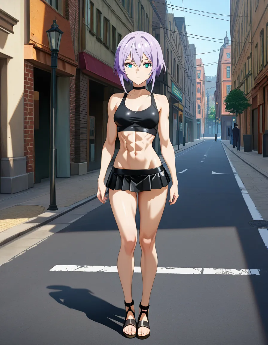 highres, vivid, render, athletic_body, abs, expressionless, public_indecency, outdoors, street, humiliation, lavender_hair, turquoise_eyes, sandals, hentai_studio_quality, black_microskirt, black_crop_top, hentai_studio_quality, petite, (anime style:1.3), 2d, anime screencap, cel shading, flat color