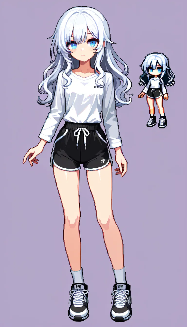 pixel art, high quality 32-bit style, clean pixels, full body sprite, front view, no background, transparent background, consistent character design, beautiful young woman, long wavy white hair, detailed pretty face, light blue eyes, fair skin, slim sexy figure, wearing a tight white button-up shirt and short black dolphin shorts, white socks and sneakers, heavily flushed cheeks, half-lidded eyes, aroused expression, hentai_studio_quality