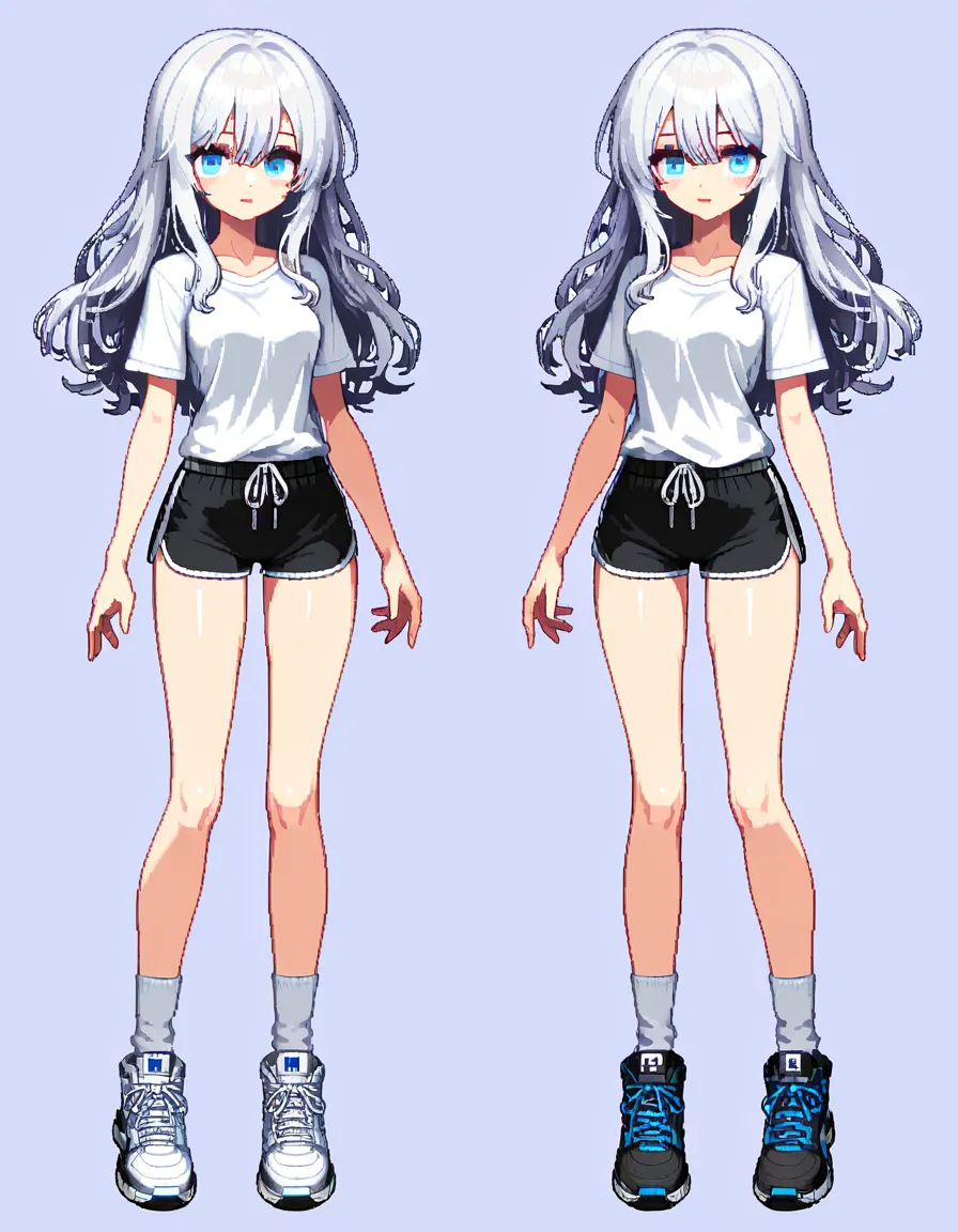 pixel art, high quality 32-bit style, clean pixels, full body sprite, front view, no background, transparent background, consistent character design, beautiful young woman, long wavy white hair, detailed pretty face, light blue eyes, fair skin, slim sexy figure, wearing a tight white button-up shirt and short black dolphin shorts, white socks and sneakers, very flushed face, open mouth, heart-shaped eyes, corrupted expression, hentai_studio_quality