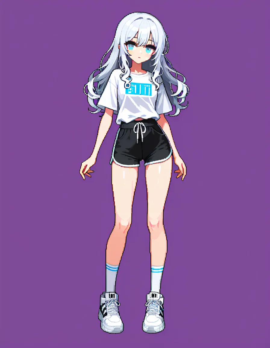 pixel art, high quality 32-bit style, clean pixels, full body sprite, front view, no background, transparent background, consistent character design, beautiful young woman, long wavy white hair, detailed pretty face, light blue eyes, fair skin, slim sexy figure, wearing a tight white button-up shirt and short black dolphin shorts, white socks and sneakers, very flushed face, open mouth, heart-shaped eyes, corrupted expression, hentai_studio_quality, hentai_studio_quality