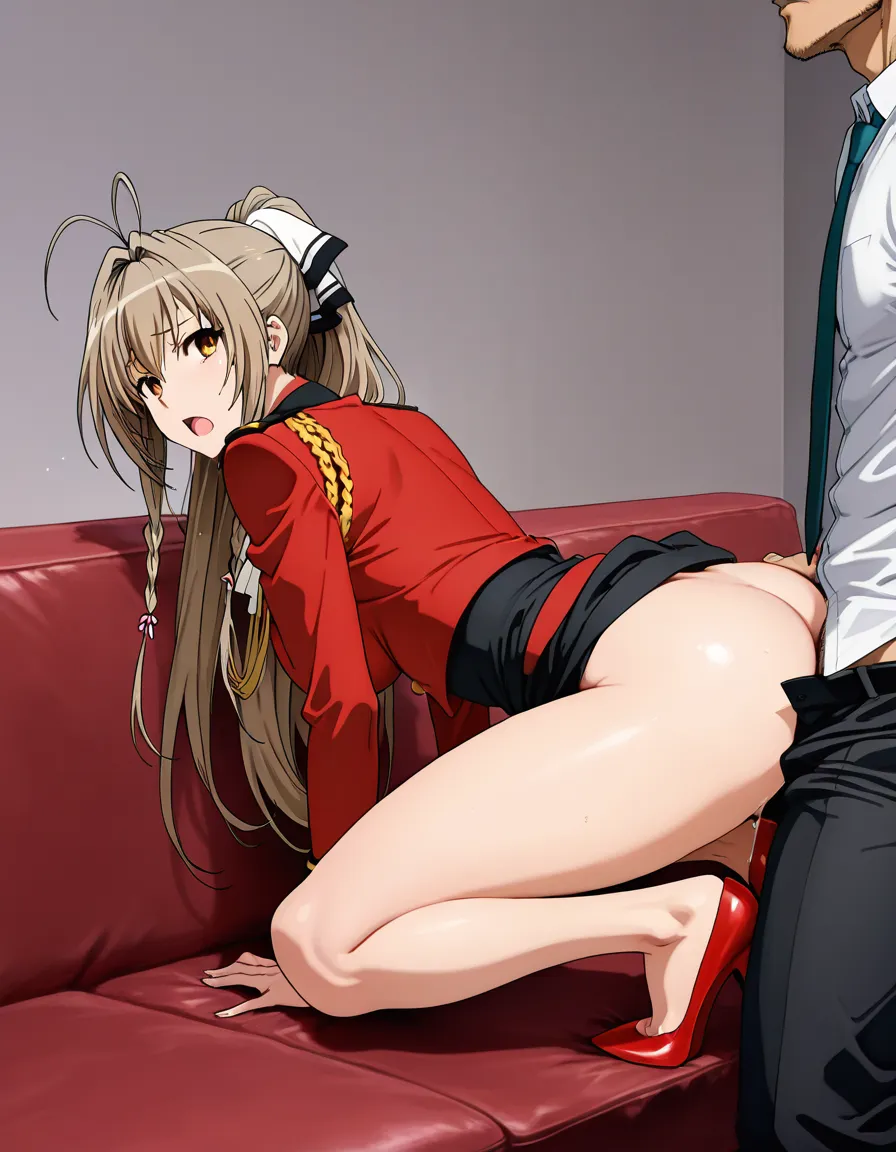 masterpicece, best quality, very detailed, beautiful, sharp, @salama amagi brilliant park, 1boy, 1girl, clothed_sex, red high_heels, squatting, sex, from_behind, looking_back, BREAK, on_couch, hentai_studio_quality