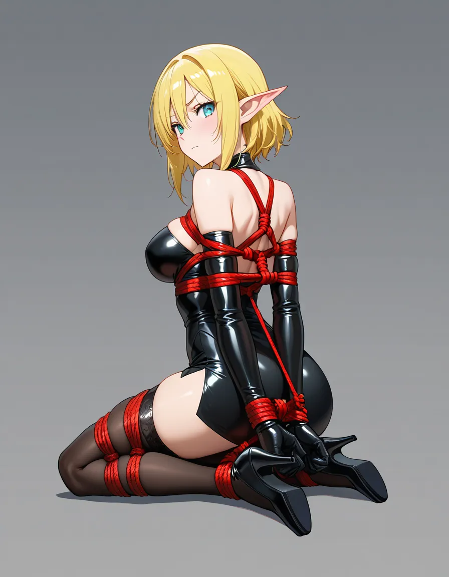 absurdres, highres, elf girl, bondage, black footwear, grey background, visual novel art, hentai_studio_quality