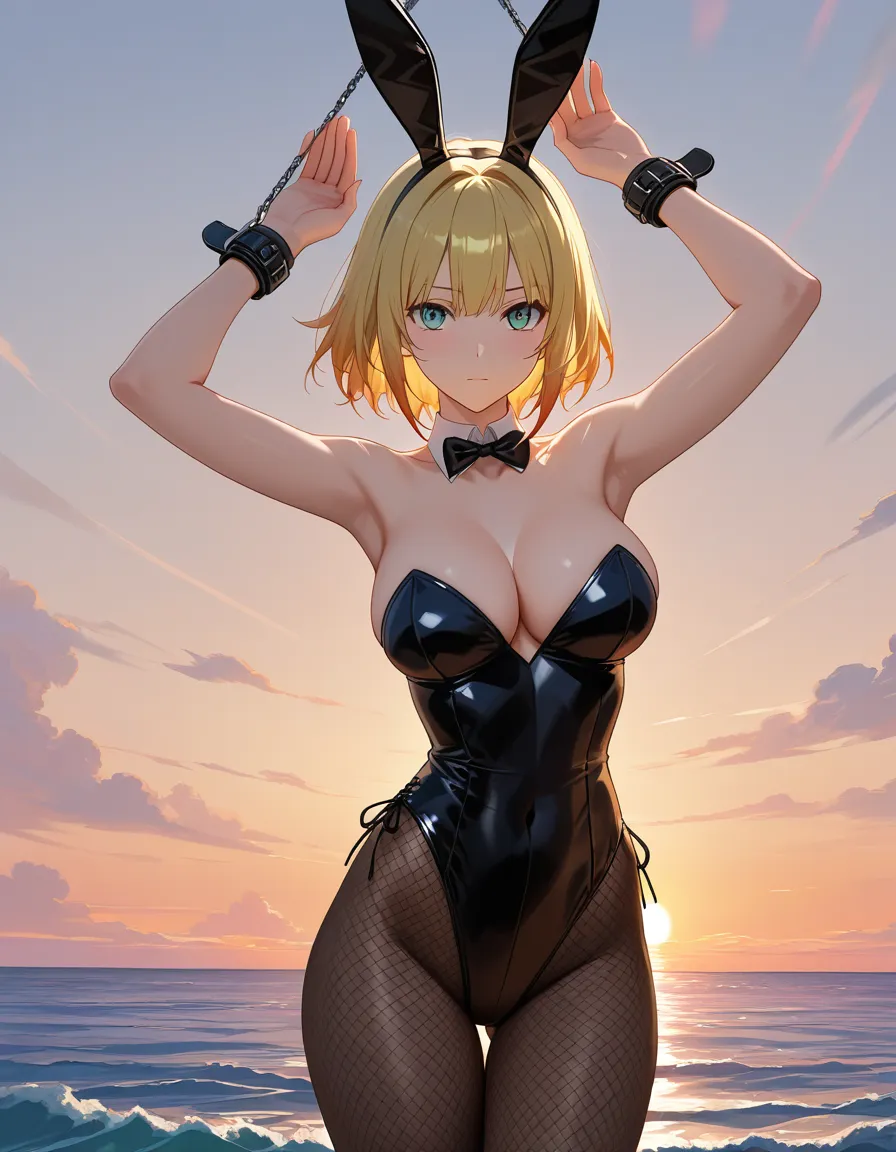 masterpiece, clean art, bunny girl, bondage, hands up, ocean, soft cel shading, hentai_studio_quality