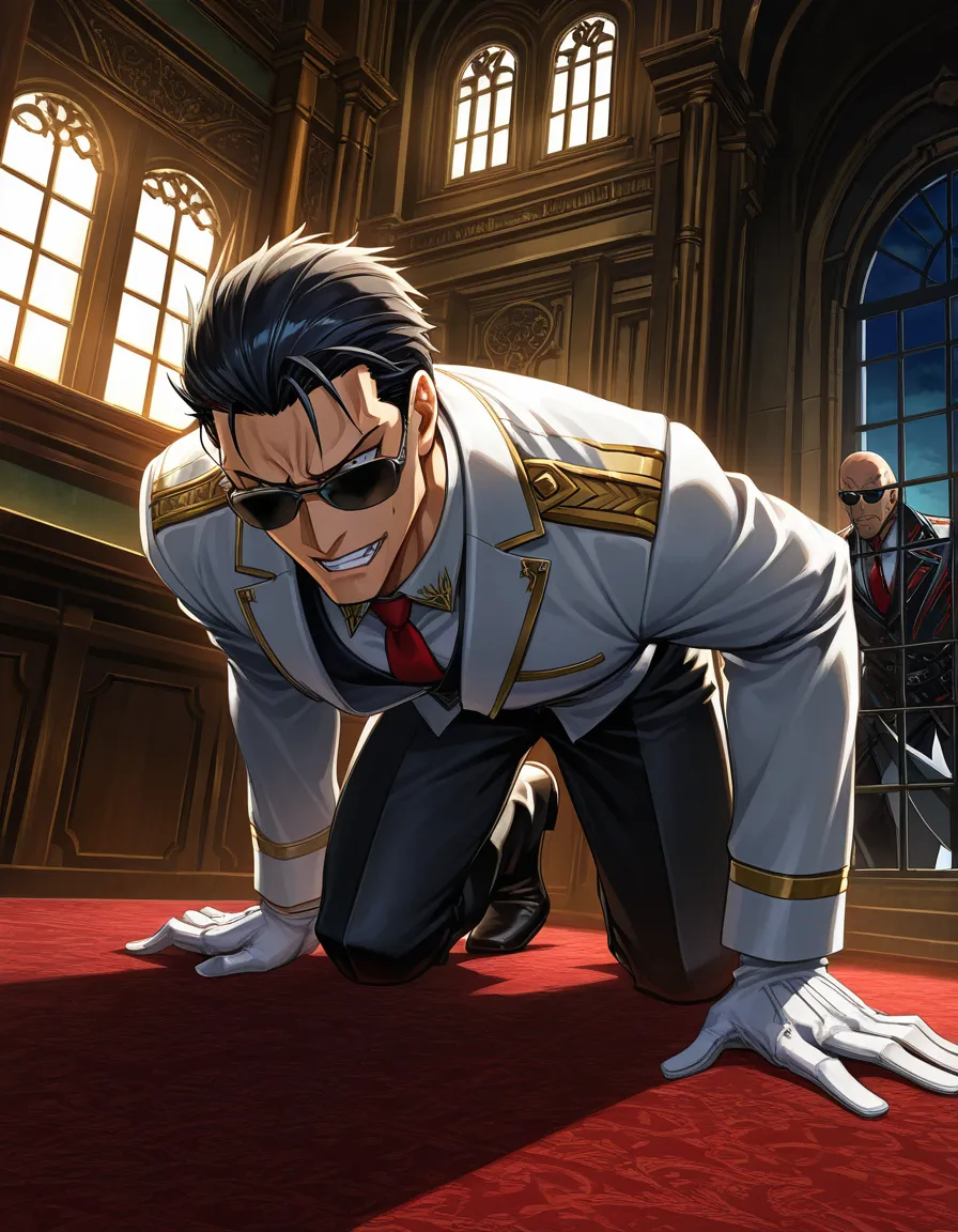 ultra detailed shading, 2boys, sunglasses, white gloves, on all fours, window, intense passion, visual novel art, hentai_studio_quality