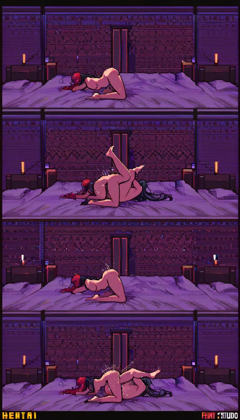 Pixel art, 16-bit retro style, detailed pixels. Futanari in mating press position balls-deep inside wife on bed, husband on all fours behind her with face pressed into her ass sniffing, explicit, thrusting animation, bedroom, vibrant pixel colors