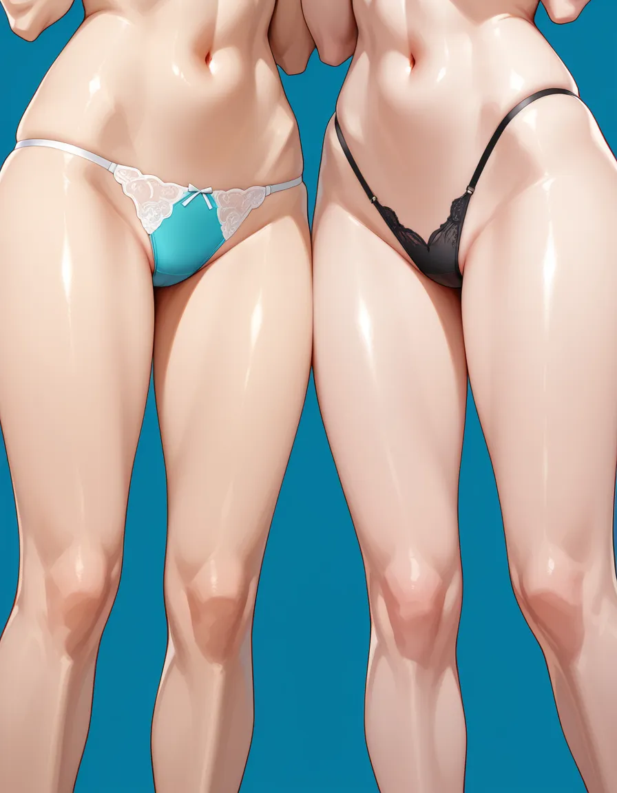 absurdres, highres, 2girls, standing, underwear, fully nude, blue background, shy smile, doujin style, hentai_studio_quality