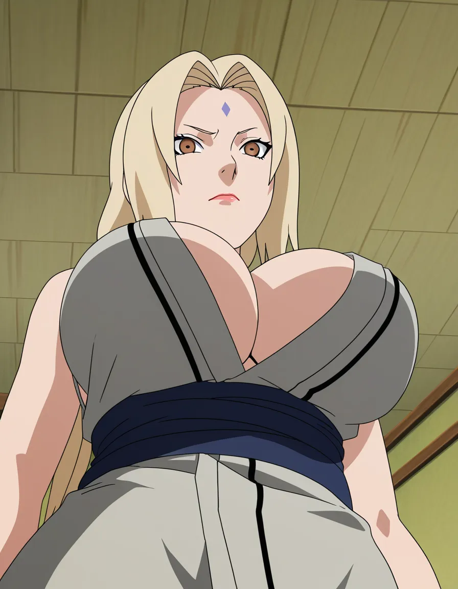 @tsunade_(naruto) from_below, (anime style:1.3), 2d, anime screencap, cel shading, flat color