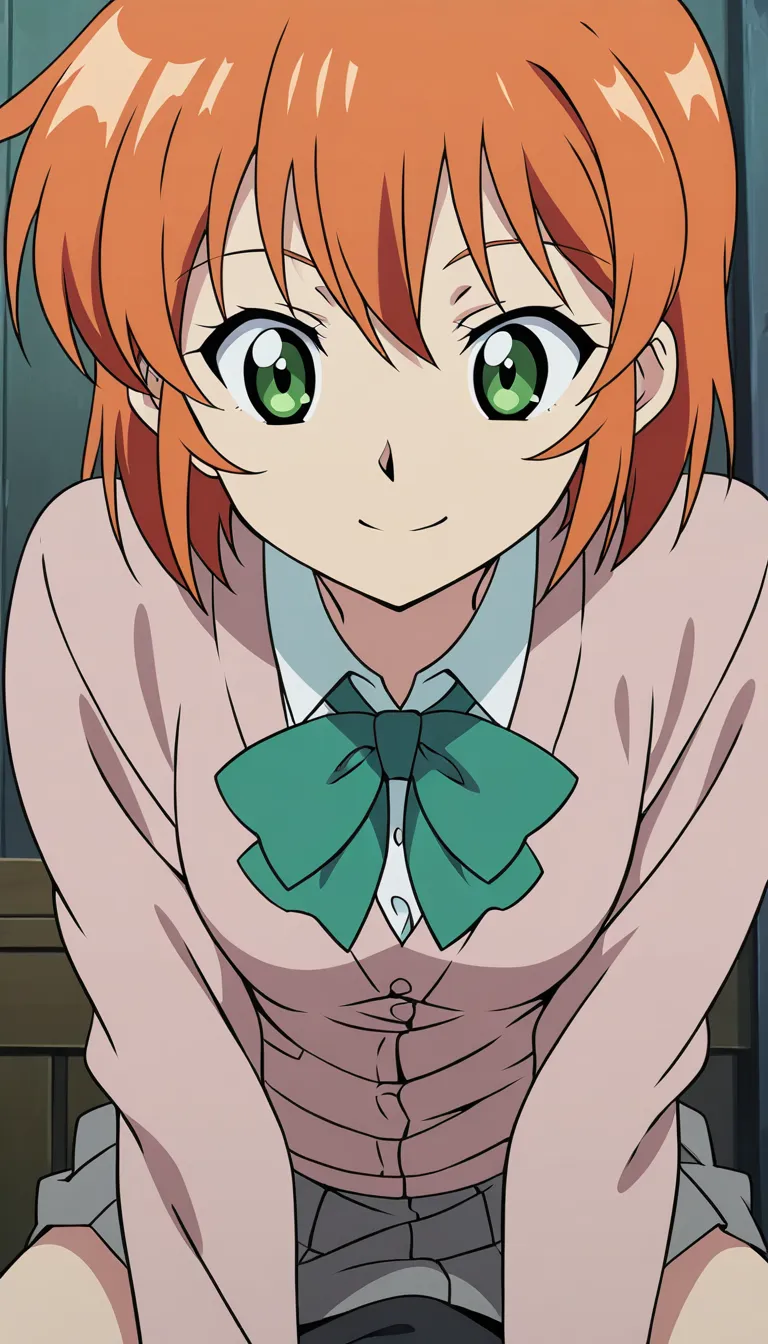 studio quality, sharp focus, solo female, orange hair, bowtie, grinding, studio photo