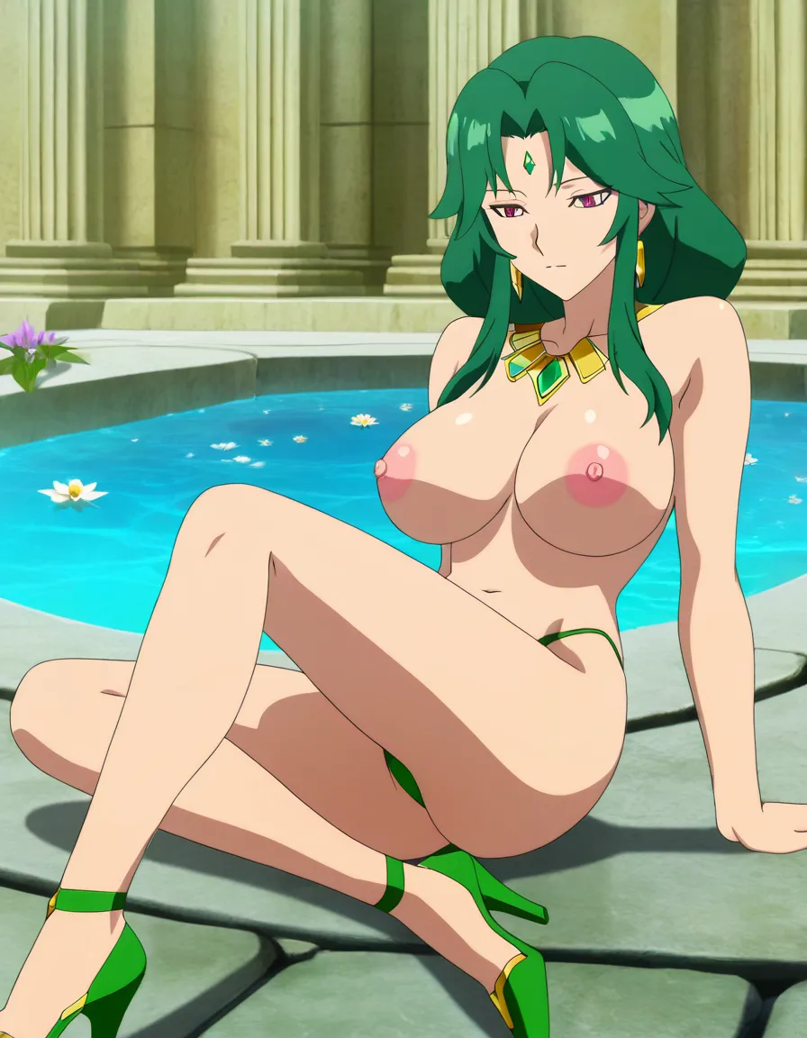 highly detailed, sharp, masterpiece, best quality, very aesthetic, solo mature_female, large_breasts, large_areolae, green thong with gold accents, green high_heels with gold accents, female is reclining, shallow pool with flowers in it, water temple background,, (anime style:1.3), 2d, anime screencap, cel shading, flat color