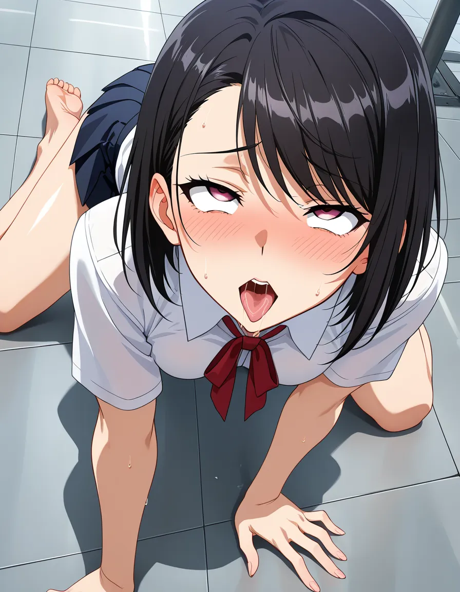 ultra detailed shading, school girl, on all fours, barefoot, swept bangs, black_hair visual novel art miniskirt ahegao, hentai_studio_quality