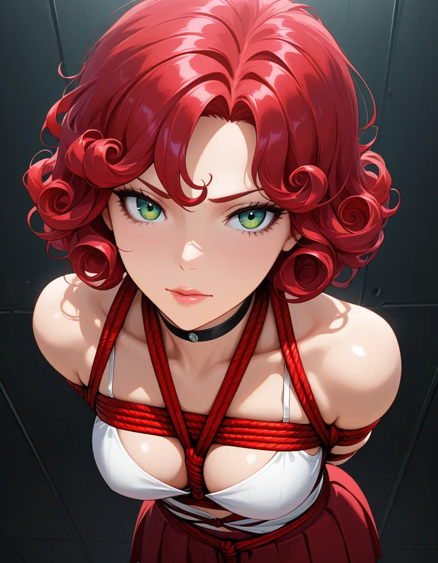 studio quality, sharp focus, 1 girl, lips, choker, shibari, red_skirt, arms_behind_back, green_eyes, curly_hair, hentai_studio_quality