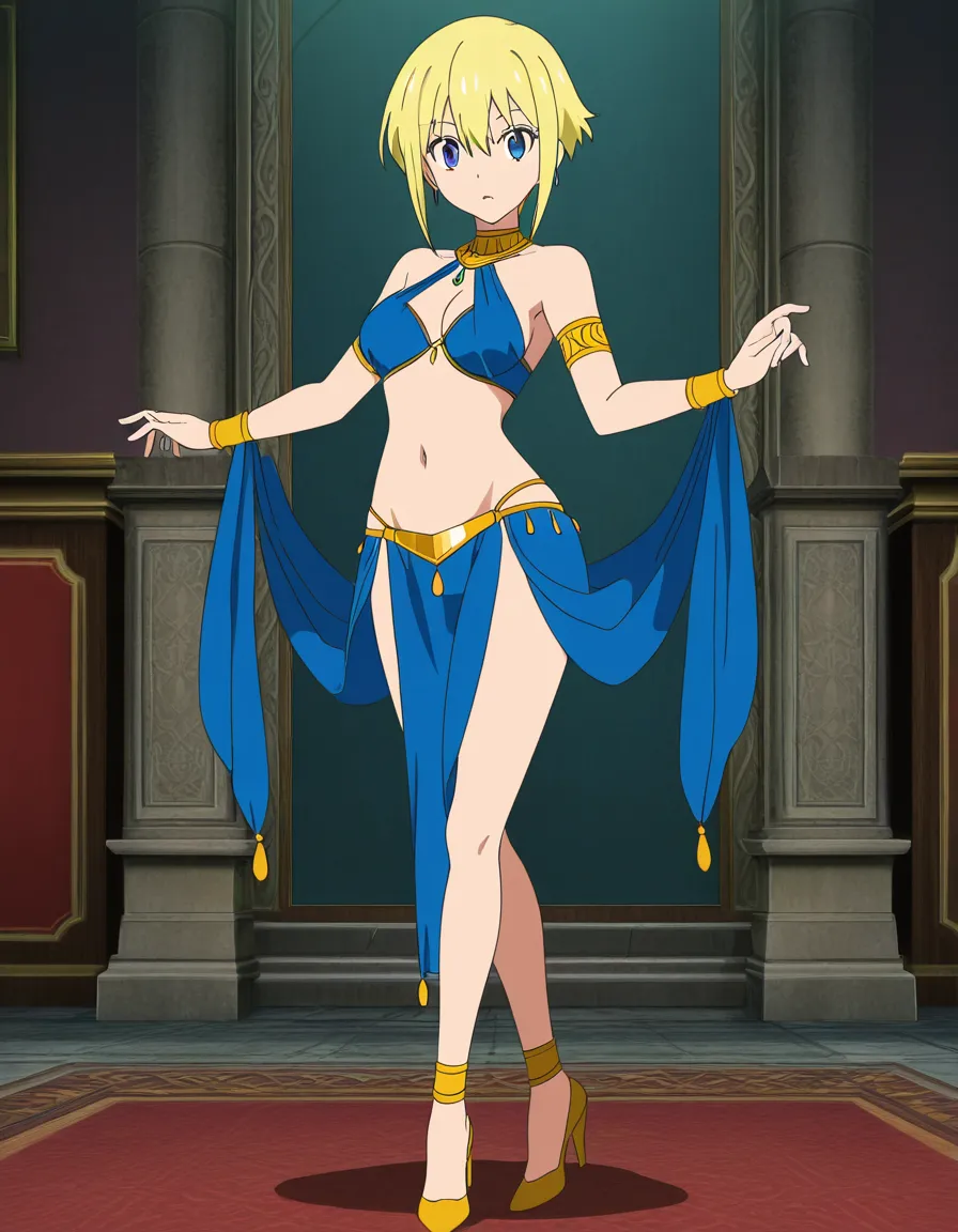 Create a tall femboy with short blonde hair wearing belly dancer outfit and high heels standing, the camera shows his full body,, (anime style:1.3), 2d, anime screencap, cel shading, flat color, @00osamio00