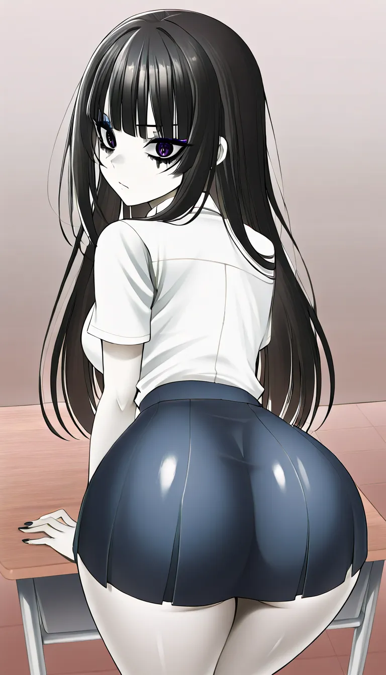 An 18-year-old drain-style anime girl (nyasha aesthetic: pale skin, messy black hair with bangs, heavy dark eye makeup, small waist, big round ass, wearing a short tight school uniform skirt that has ridden up). She is bent over at the front of the classroom with her ass fully exposed to the entire class. All her male classmates are staring at her exposed ass and openly masturbating while looking at her. One of the classmates is fucking her in the ass from behind, gripping her hips, and cumming deep inside her, overflowing and dripping down her thighs. Explicit, highly detailed, erotic, classroom setting