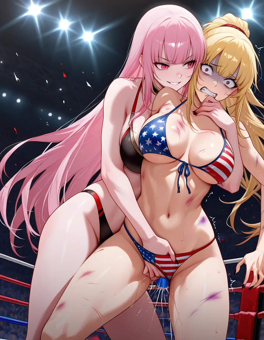 evil_queen, @mori_calliope , evil_smile, scared, bruised, wrestling, yuri, strapon_vaginal_insertion , defeated, american_flag_bikini,, hentai_studio_quality, hentai_studio_quality
