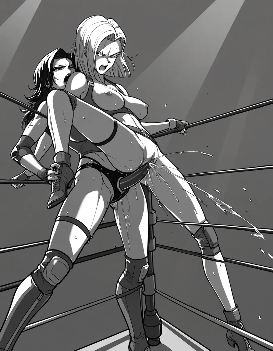 Cinder_(rwby) , android_18_(dragon_ball_z), 2girls yuri sex , wrestling_ring, wrestling orgasm pussy_juice, defeated, squirting , strap-on vaginal_object_insertion, domination, standing_sex, sex_from_behind, hentai_studio_quality, hentai_studio_quality, hentai_studio_quality, hentai_studio_quality