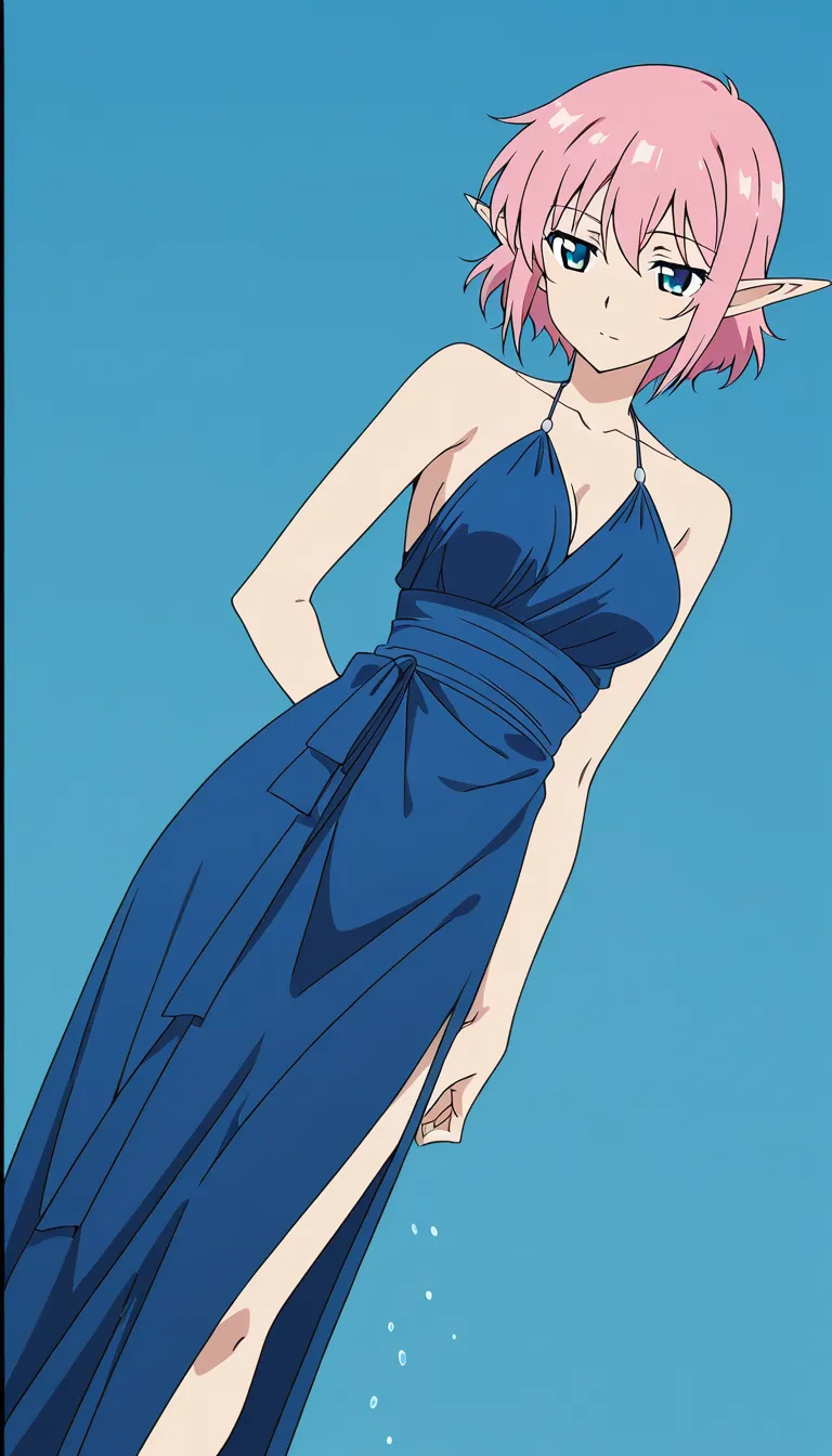 highly detailed, vibrant, elf girl, squirting, collarbone, evening gown, blue background, soft anime shading