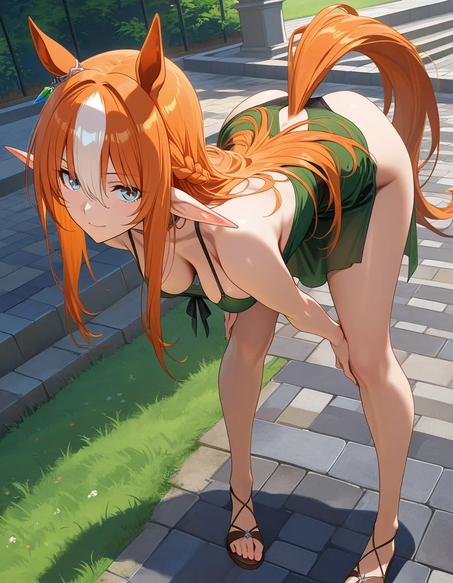 ultra detailed, elf girl, bent over, horse ears, orange hair, visual novel art, hentai_studio_quality