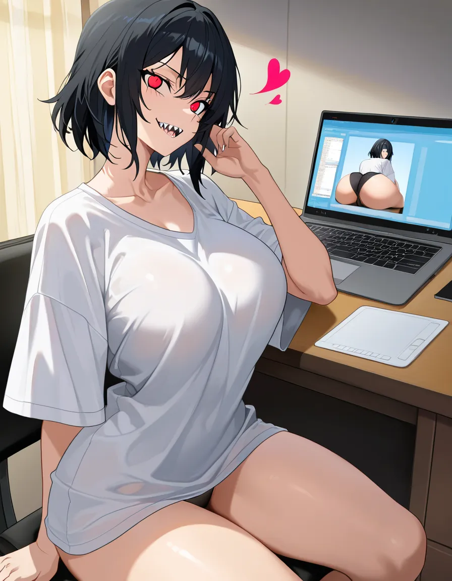 masterpiece, fine detail, fitness model, heart, fully nude, anime style1boy intersex male, masculine face, sharp jawline, single eyelids, short black hair, beautiful sharp eyes, large breasts, big perky ass, wearing oversized shirt and panties, sitting at desk in front of laptop, adjusting webcam, the live stream preview on laptop shows only body without face, university dorm at night, manga style, black and white screentone, doujinshi panel，Looks like a boy with short black hair, hentai_studio_quality