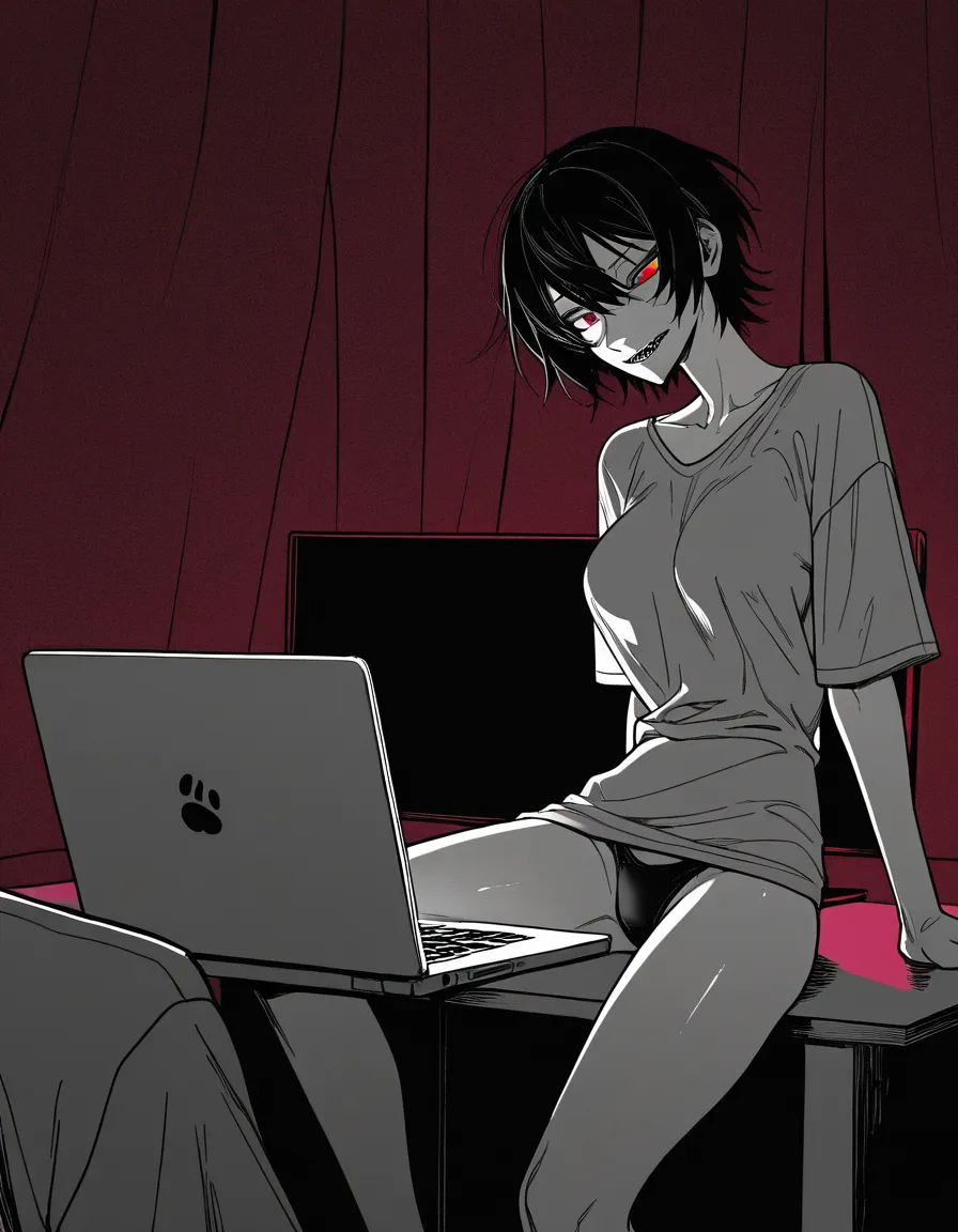 1boy, intersex, beautiful masculine face, sharp jawline, single eyelids, short_hair, detailed beautiful eyes, high nose bridge, appearance, tall 183cm, medium_breasts s, perky assertive_female, slim waist, fair skin, wearing oversized shirt and panties, sitting at desk in front of laptop, adjusting webcam, live stream preview shows only body without face, university dorm at night, soft lighting, masterpiece, best quality, ultra detailed, highly detailed face, hentai_studio_quality