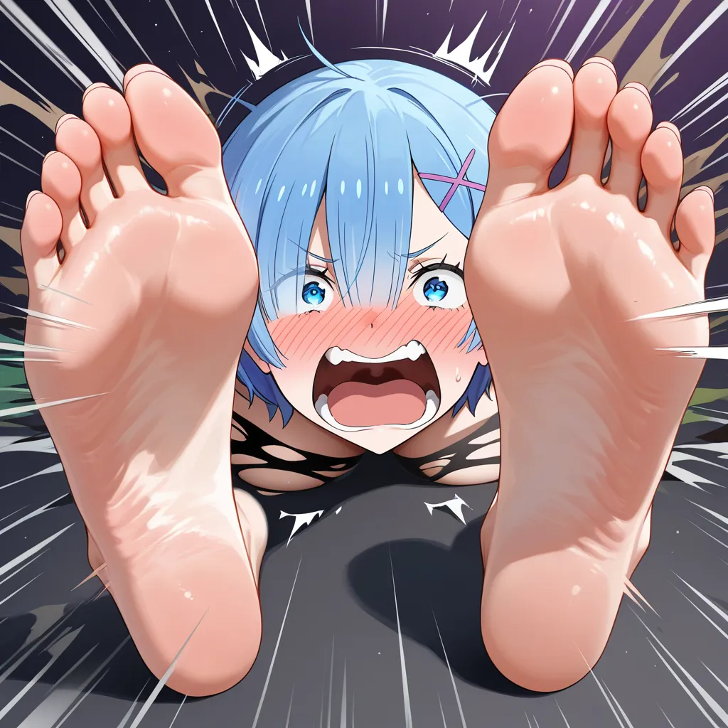 @rem_(re:zero) , exploding_clothes nude feet barefoot blush yelling, hentai_studio_quality