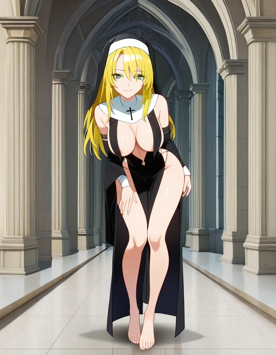 masterpiece, best quality, 2D anime hentai illustration, anime style, exactly one adult woman exactly 25 years old, mature face, blonde hair, green eyes, Sister Celes inspired, full body standing head to toe, feet visible, nun revealing pose, exposed breasts, nyuunoren (乳暖簾): two WHITE collar pieces hanging DOWN OVER the nipples, each white collar flap has a BLACK CROSS, chest exposed beneath and around the two white collar flaps, large side-slit robe with BIG OPEN SIDE SLITS boldly exposing thick thighs and hips, black thigh-high stockings, body slightly turned at an angle, one hand touching her own breast, embarrassed yet seductive gaze looking at viewer, huge breasts, thick thighs, full body, NSFW, (anime style:1.3), 2d, anime screencap, cel shading, flat color