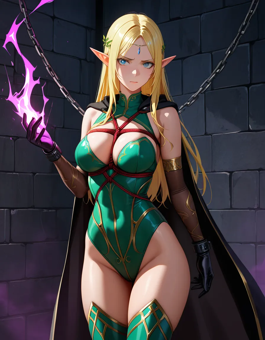 absurdres, highres, elf girl, gloves, bondage, wild energy, medium shot, soft cel shading, hentai_studio_quality