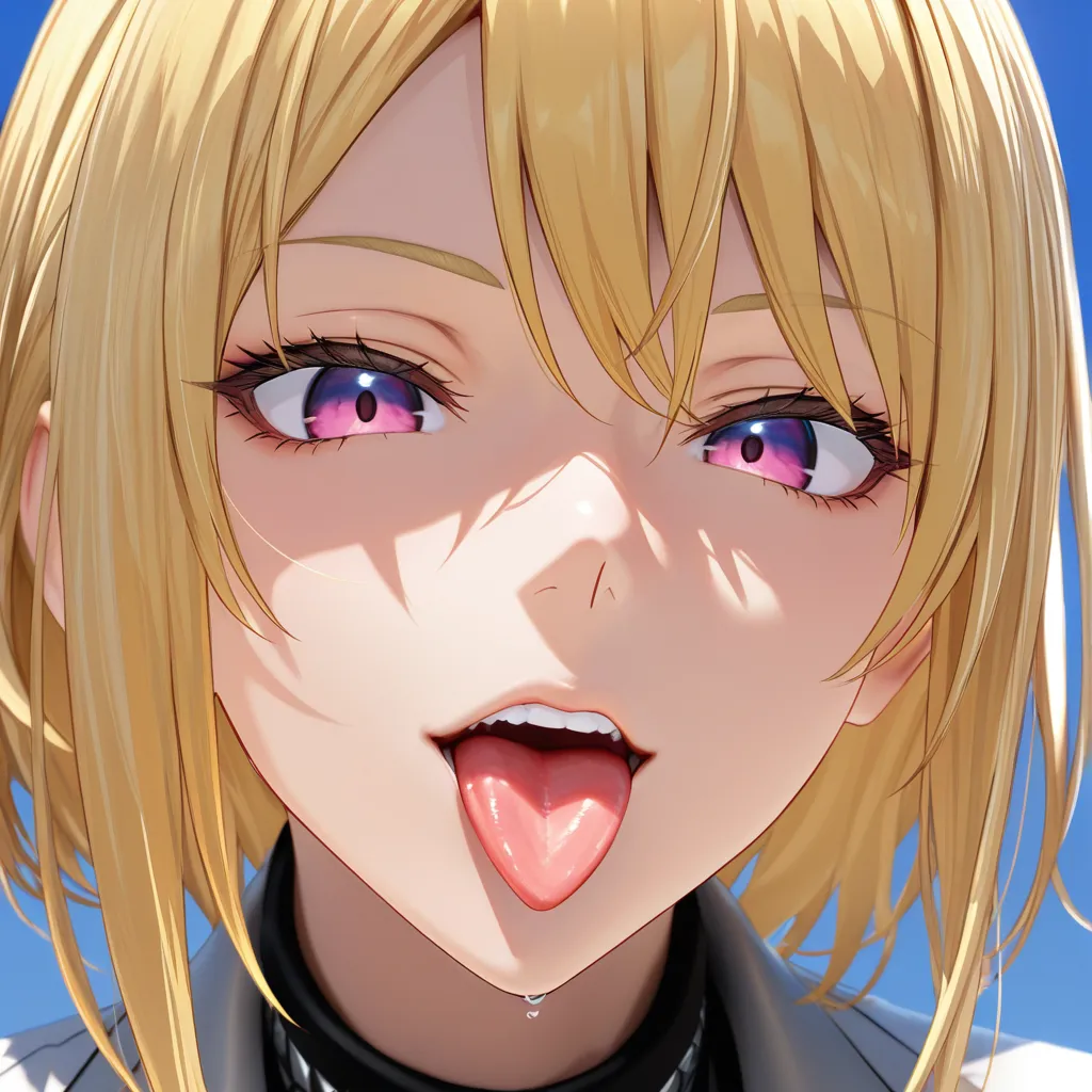 masterpiece, best quality, blonde woman, mouth open, tongue out, close-up, score_9, score_8, 3d render, octane render, subsurface scattering, ray tracing, smooth shading