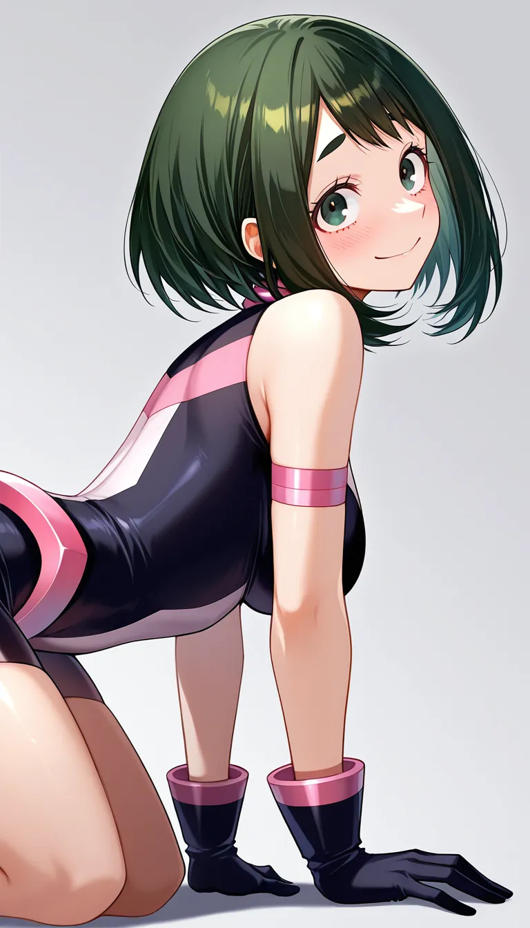 @uraraka_ochaco ultra detailed shading, solo, black gloves, on all fours, shy smile, side view, visual novel art, hentai_studio_quality