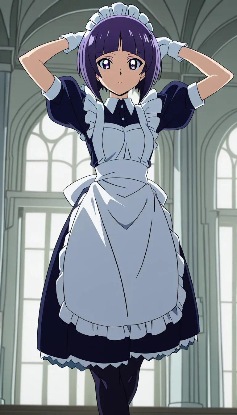 highly detailed, robot fembot girl natural lighting, maid, arms up, gloves, walking toward camera, vaginal penetration, A young woman with a short, fluffy bob haircut like Ami Mizuno. Her hair is dark indigo blue on top and fades to light purple at the tips. She has big red eyes, a soft gentle smile, and light blush on her cheeks. She has a small white butterfly hair clip with a blue gem on one side and a pink XI mark on the other side of her hair. large_breasts pussy riding SHE IS A ROBOT FEMAL