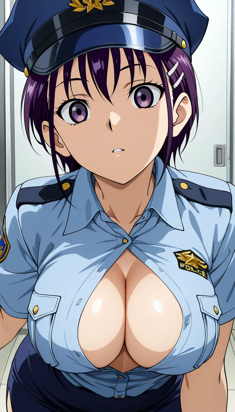 1girl, Ayukawa Hikari, short dark purple hair, purple eyes, busty, large breasts, light blue police shirt unbuttoned, police hat, dark blue skirt, police officer, anime, hentai, manga style, hentai_studio_quality