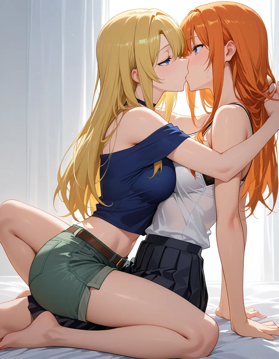 anime yuri orange_hair blue_eyes blonde_hair barefoot white_background skirt bare_shoulders shorts 2girls kiss, hentai_studio_quality