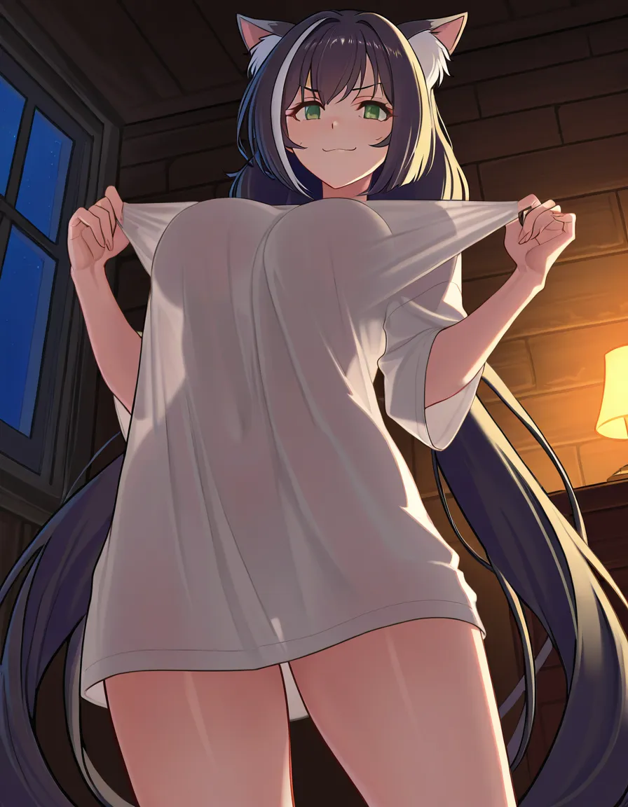 @karyl_(princess_connect!) , oversized shirt, standing, showing off, sexy pose, no panties, no bra, smirk, horny, high detail, perfect anathomy, beautiful face, perfect detail, hot, bedroom, night, showing pussy, nipples, hentai_studio_quality
