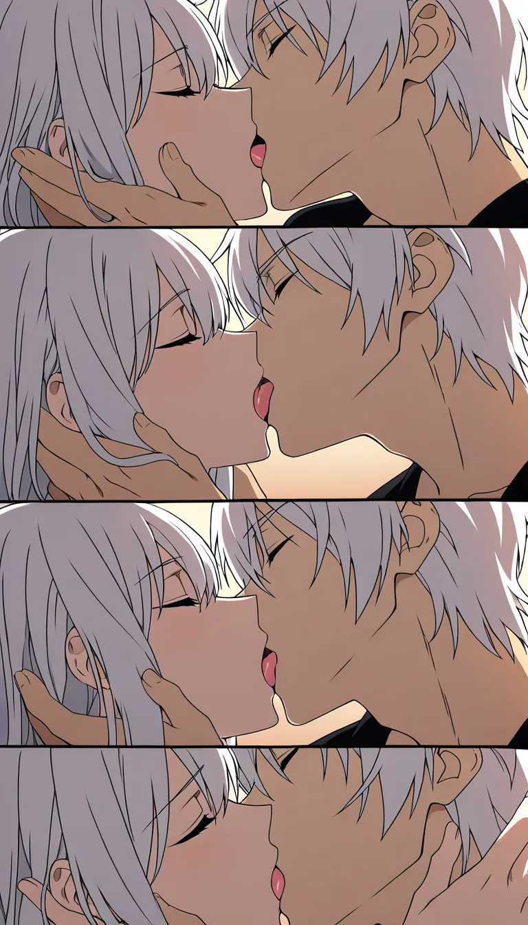 The couple from the reference image in the luxurious bedroom, man holding the woman with long white hair, intense deep French kissing, tongues visible, passionate and slow, eyes closed, hands tightly holding each other, realistic skin, soft warm lighting, cinematic, highly detailed