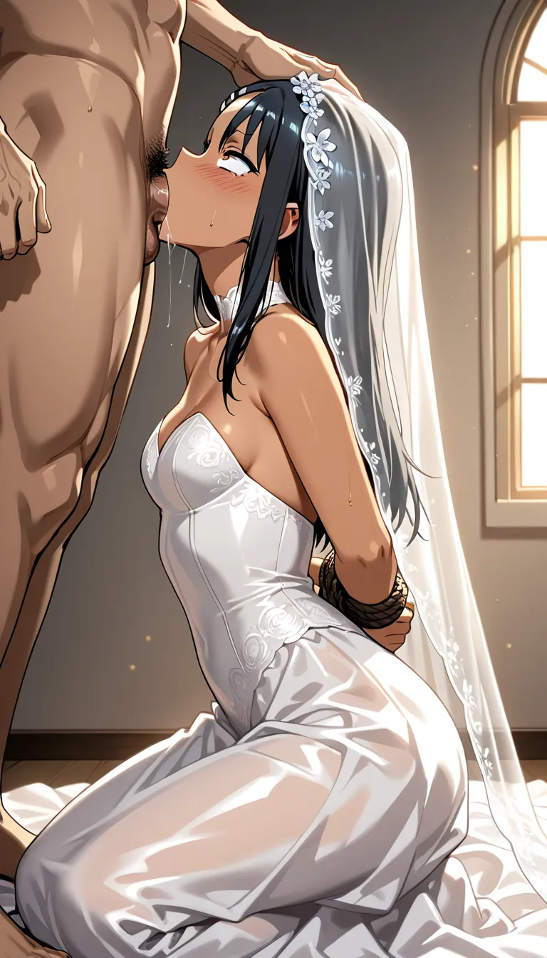 /best_quality /highres /ultra_detailed @nagatoro_hayase #wedding_dress #bridal_veil #bondage #kneeling #fellatio #deepthroat #bdsm
