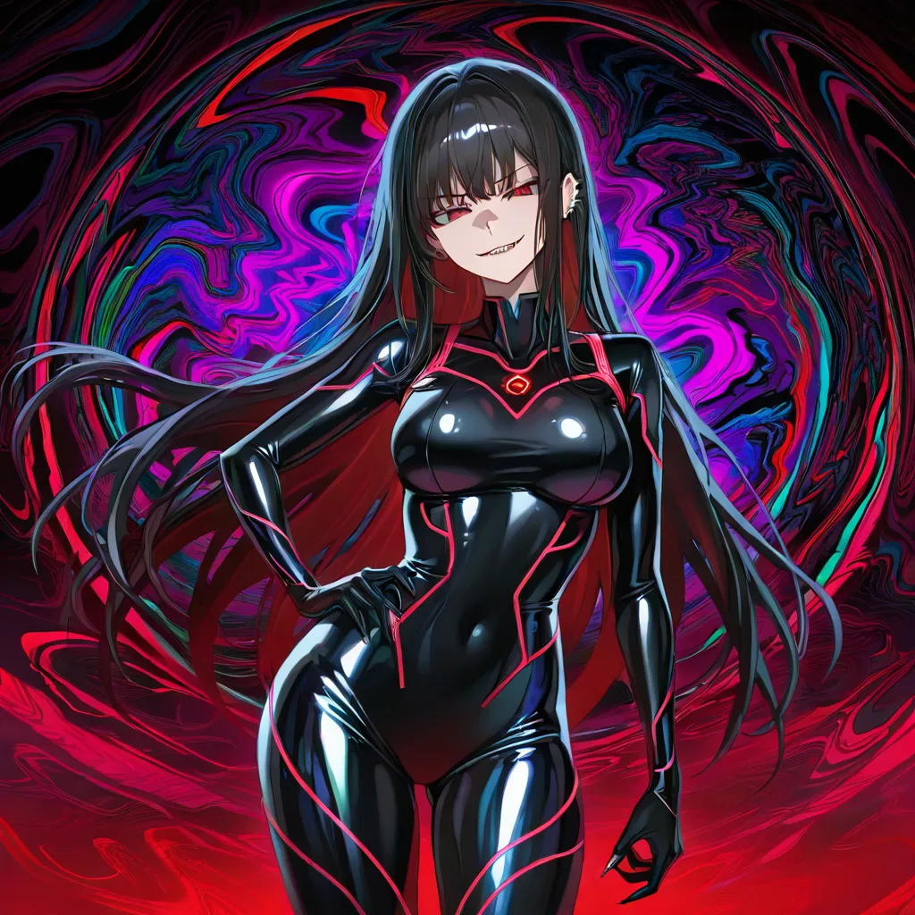 Powerful seductive woman standing tall with an intimidating dominant presence, sharp piercing gaze locked on the viewer, slight arrogant smirk, long dark hair flowing into swirling black-and-neon fractal energy, wearing a tight high-collared iridescent bodysuit that clings to every curve with sharp metallic edges, one hand resting on her hip in a commanding pose, psychedelic background of dark geometric mandalas and electric crimson light trails, cinematic lighting, high detail, fierce and alluring, (anime style:1.3), 2d, anime screencap, cel shading, flat color, @00osamio00