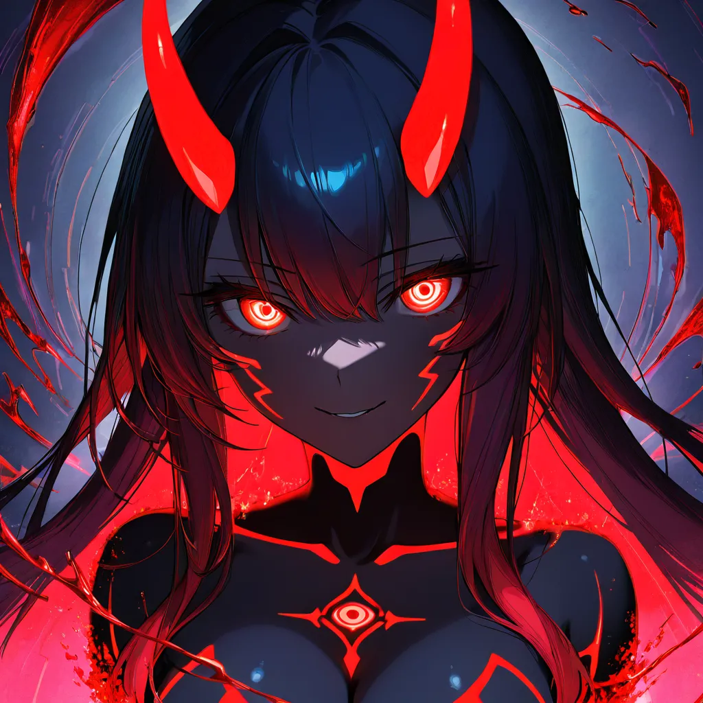 Intimidating close-up of a seductive female with glowing crimson eyes and a cold, knowing smile, face partially framed by sharp fractal horns of liquid neon, skin marked with subtle glowing geometric war-paint, wearing a low-cut but structured holographic top that emphasizes her collarbones and cleavage, long hair cascading like liquid shadow and fire, background dissolving into dark psychedelic vortices, intense atmosphere, ultra-detailed, dominant and hypnotic, (anime style:1.3), 2d, anime screencap, cel shading, flat color, @00osamio00