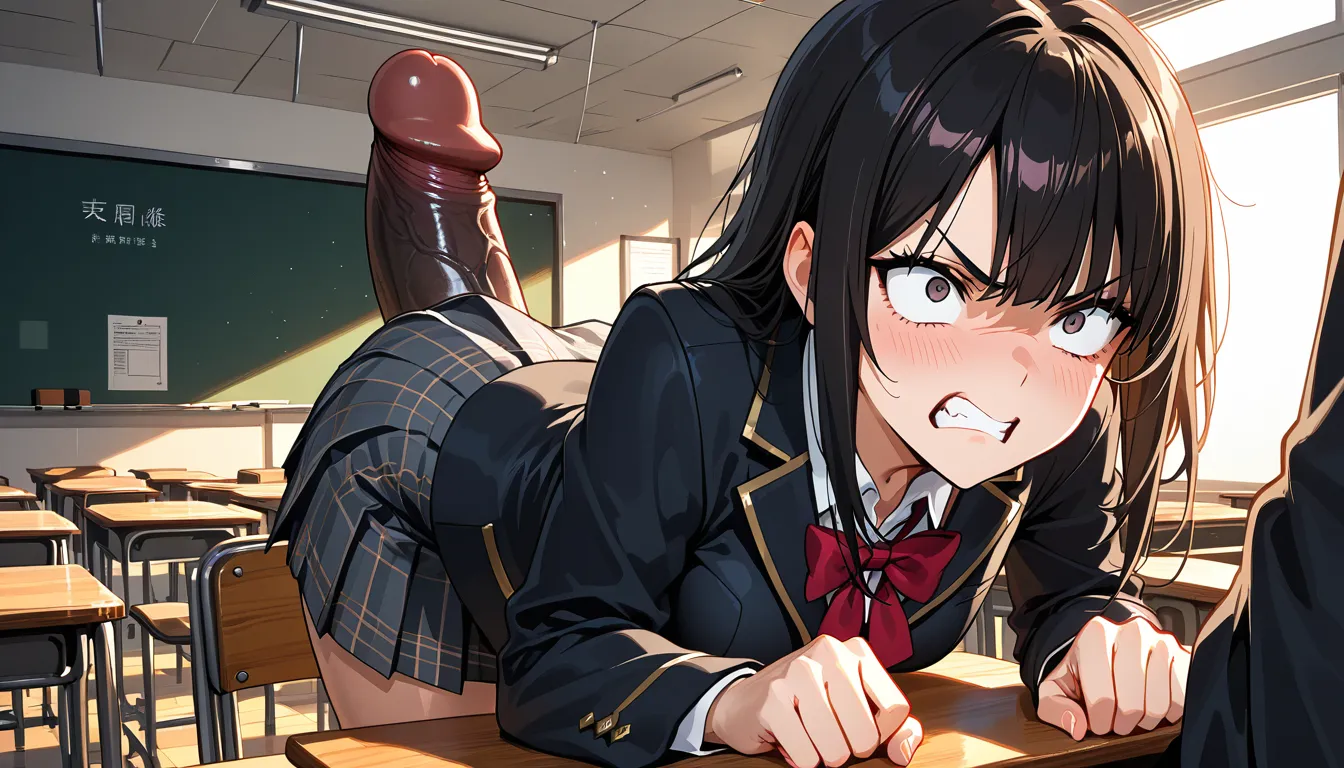 School uniform, giant penis, classroom, angry face