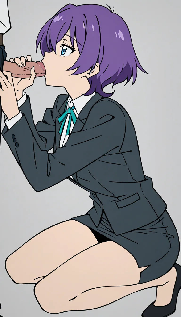 highly detailed, sharp, demon girl, legs, office wear, fellatio
, grey background, vivid anime colors