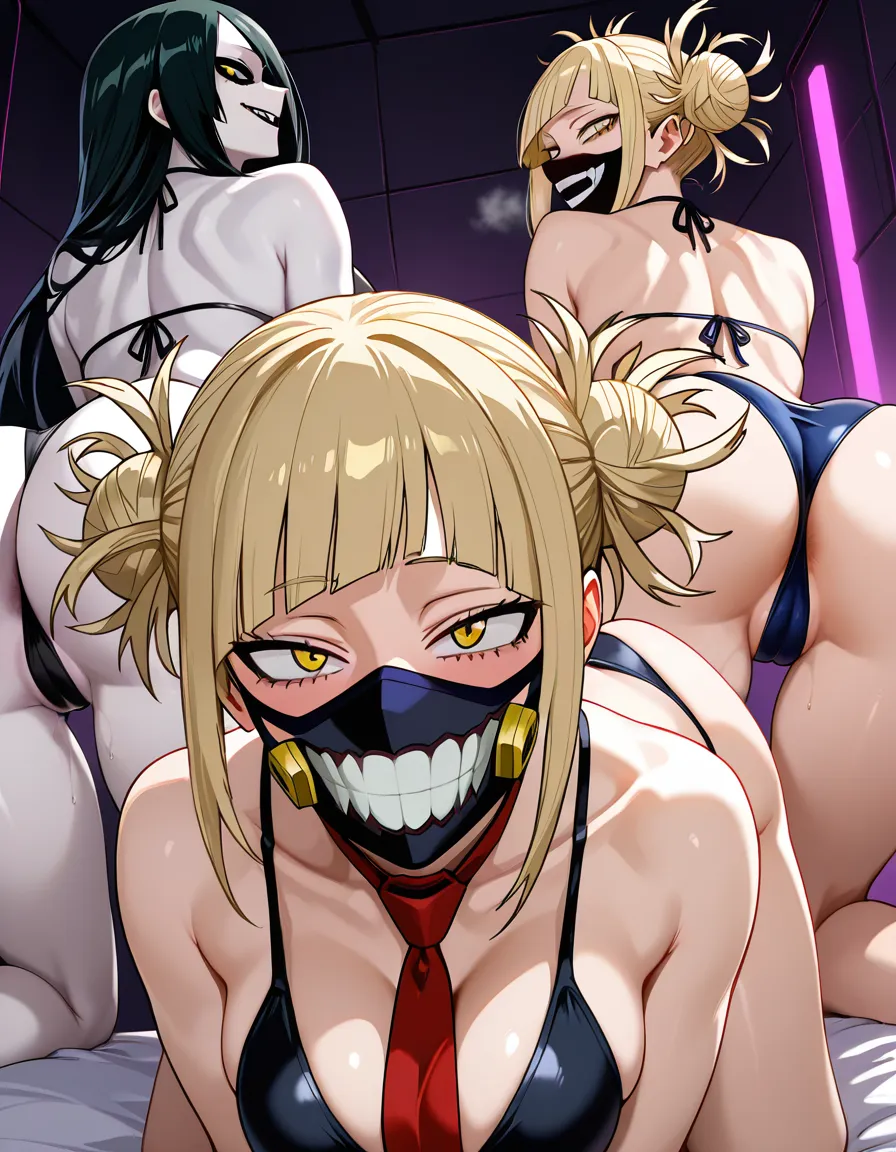 highly detailed, sharp, 3girls, ass_visible_through_thighs Himiko Toga from My Hero Academia,girl villain, pale skin, big round yellow eyes, doggystyle , bikini  ass,messy light blonde hair with two high messy buns with black hair ties, bangs, side-swept bangs,  red necktie, her villain gear with black face mask with needles and tubes, carrying syringes, creepy cute smile, playful and yandere expression, anime style, highly detailed, sharp focus, official anime artwork style by Studio Bones alone, (anime style:1.3), 2d, anime screencap, cel shading, flat color, @00osamio00