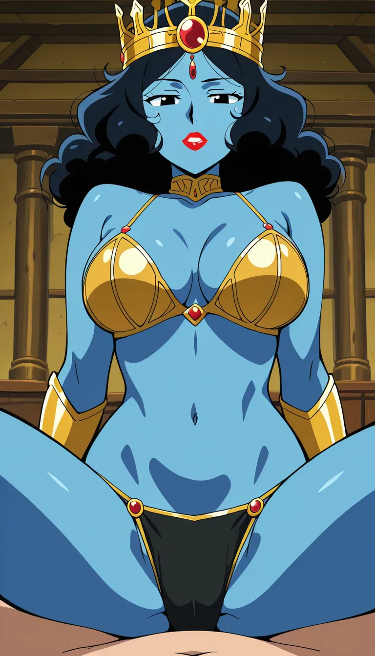 Adult Curvy Hindu Goddess with blue skin having sex with viewer, long black curly hair, She is Adorned in Jwellery and mukut crown, Pov Missionary Sex, Golden Triangle Bra, Ethnicity Bengali Hindu, lipstick, almond shaped black eyes