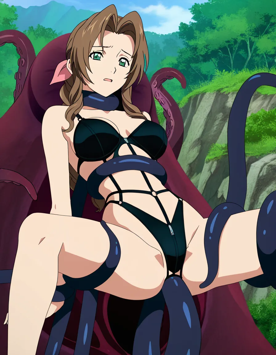 ultra detailed, @aerith_gainsborough ,solo, bare
shoulders, black leather see tgrough lingerie, spread legs, outdoors, doujin style, choking on tentacles, tentacles, monster anal_object_insertion, (anime style:1.3), 2d, anime screencap, cel shading, flat color