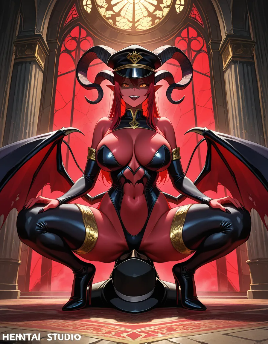ultra detailed, succubus, hat, facesitting, intense passion, wide shot, detailed shading, hentai_studio_quality