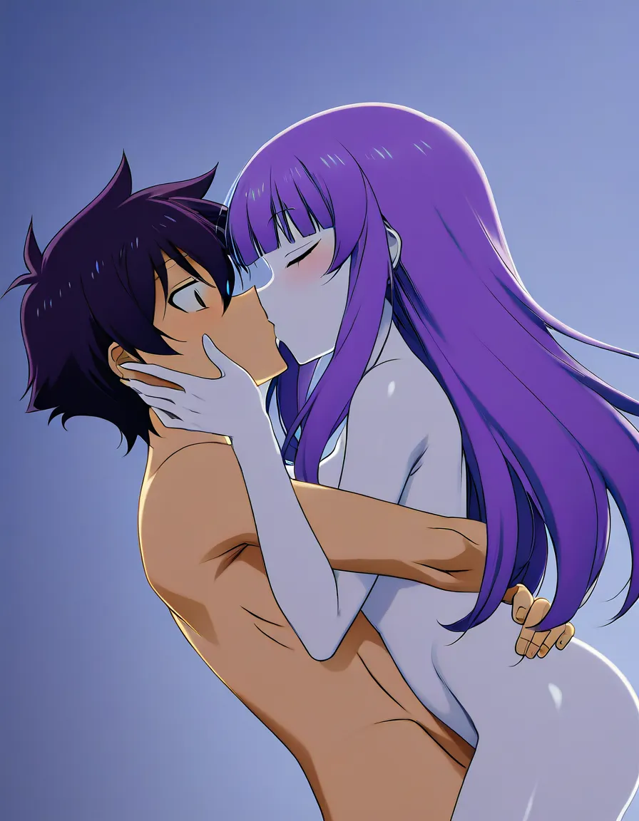 A very cute girl kiss a cute boy, naked the girl is on the cute boy kissing him very tightly make also make the boy very very cute with white skin and darker purple hair also make the boys hair long and beautiful, (I MEANT THE BOY NOT THE GIRL) hentai_studio_quality hentai anime , hentai_studio_quality, score_9, score_8, 3d render, octane render, subsurface scattering, ray tracing, smooth shading