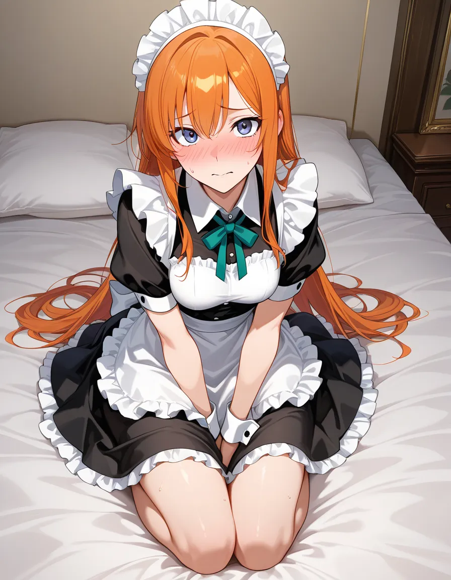 masterpiece, best quality, maid, petite adult woman, skirt, kneeling on bed, nervous blush, manga panel look, hentai_studio_quality