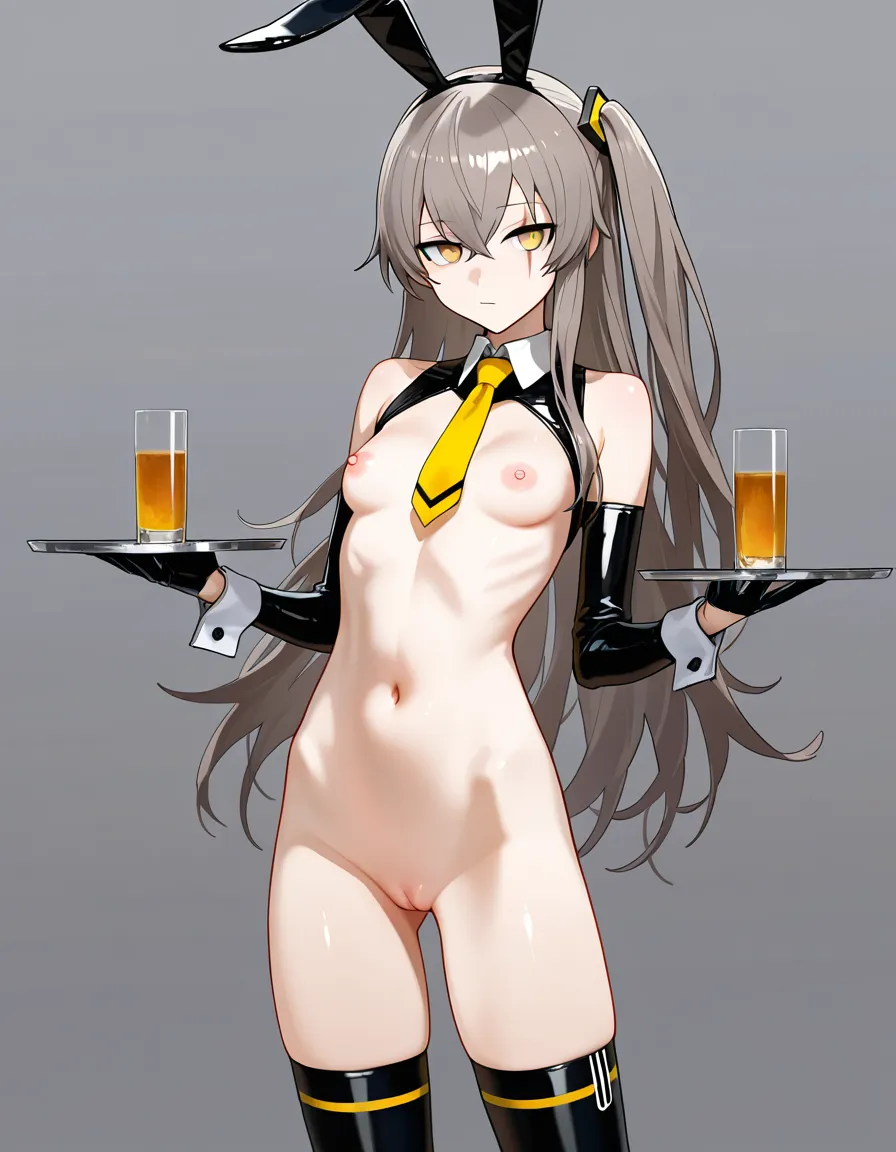 nsfw, ump45 from girls frontline, long light grey hair, yellow eyes, straight scar over left eye, beautiful cool face, slim body, A cup small breasts, fair smooth skin, wearing extremely revealing black reverse bunny girl outfit, black bunny ears, yellow necktie with one black horizontal stripe at the tip, nipples and pussy completely exposed, standing sex with one leg lifted high, thick cock thrusting deep into her pussy, juices running down her leg, passionate lewd expression, heavy blush, heavy_breathing ,
, clearly enjoying the intense fuck, sex with man, 1 man, penis inside pussy, cock inside pussy, pussy_juice , cum_in_pussy , simple bedroom background, masterpiece, best quality, ultra detailed, 8k, sharp focus, side low angle view, hentai_studio_quality